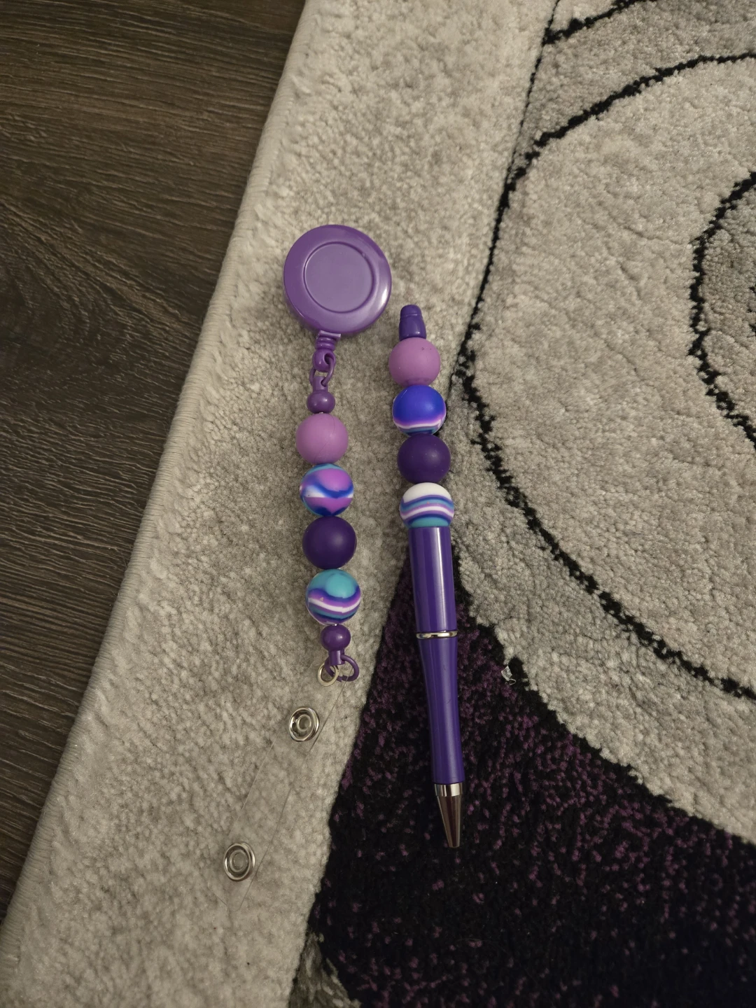 Purple Beaded Pen and Badge Reel Set