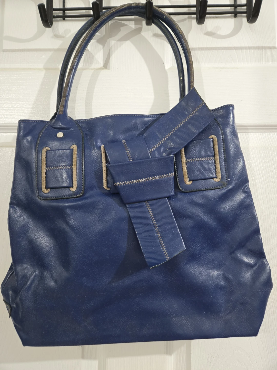Blue Faux Leather Tote Bag