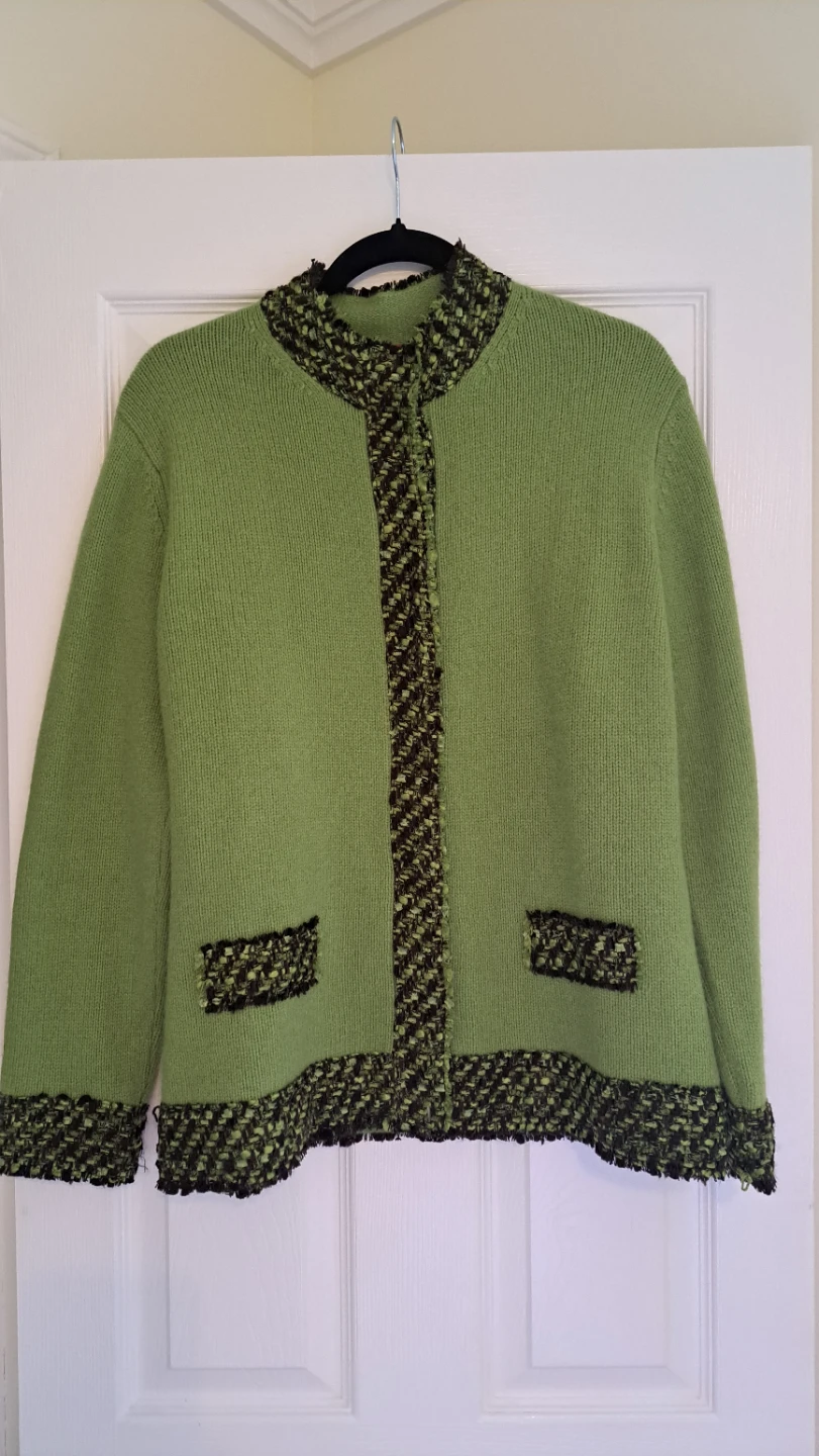 Green Knit Cardigan with Textured Trim