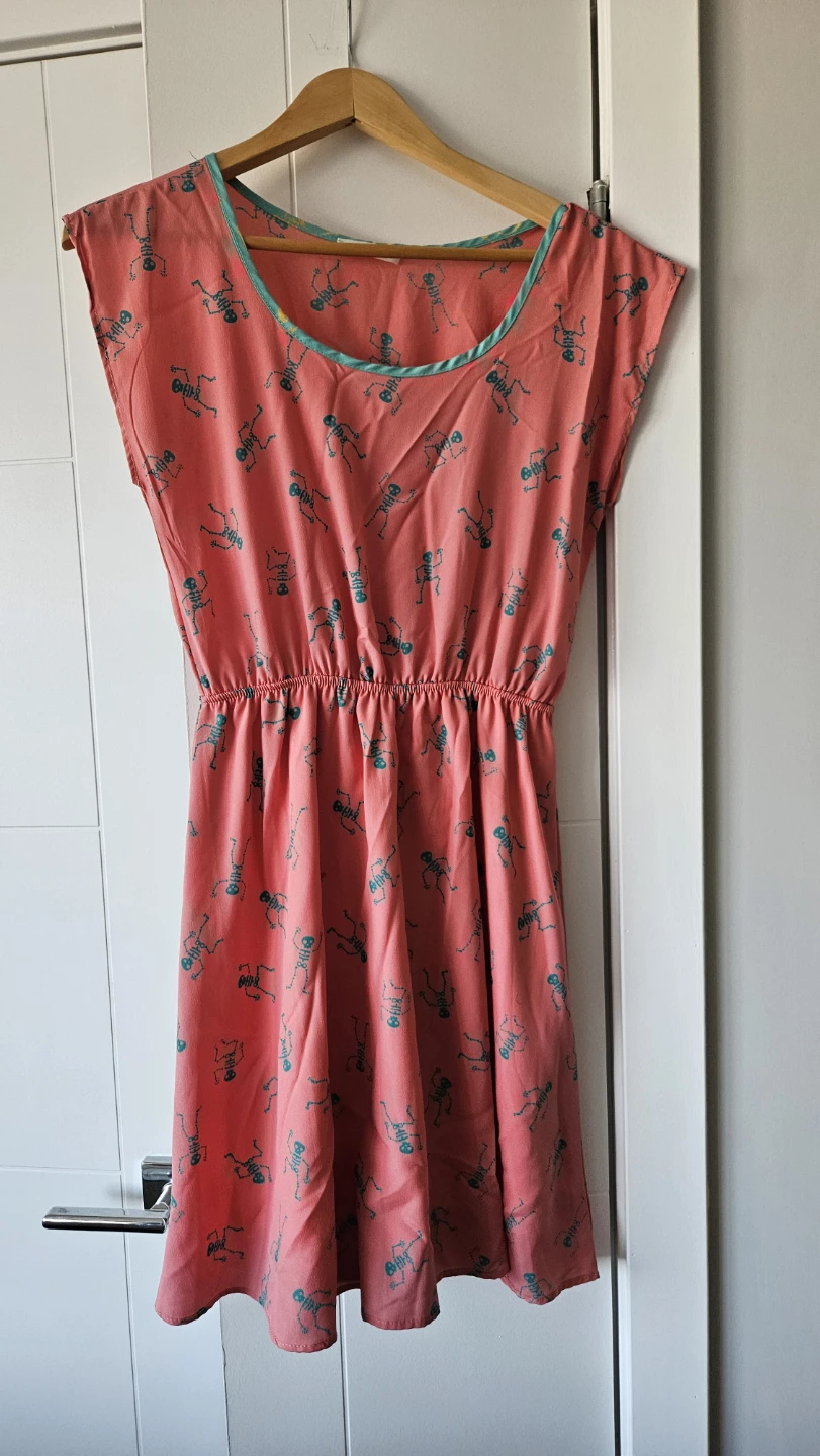 Black Bead Pink Skeleton Print Dress