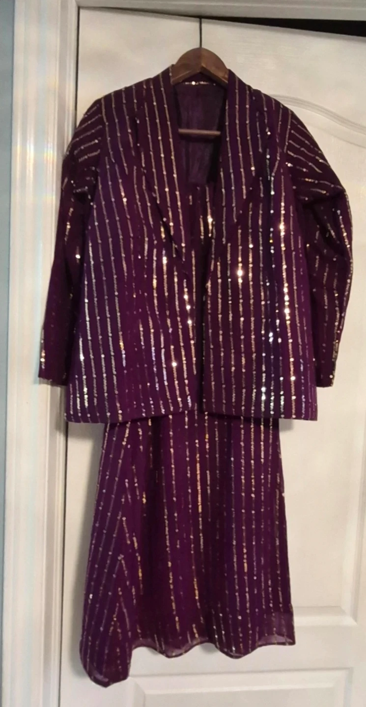 Purple Sequin 3-Piece Outfit with Jacket and Skirt