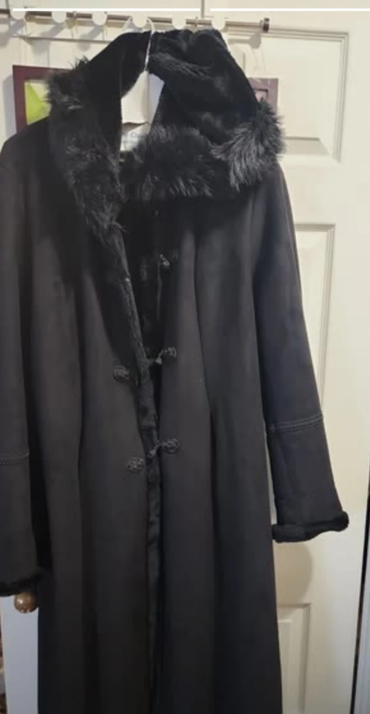 Black Faux Suede Coat with Fur Trim