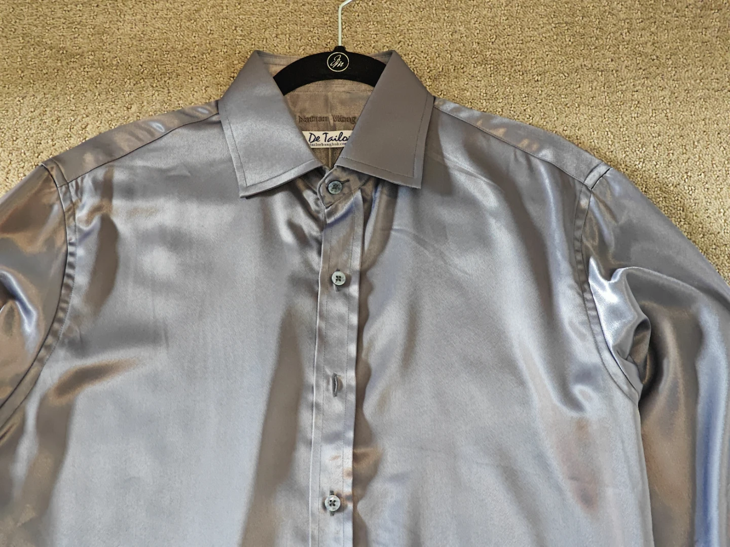 Men's Grey Satin Button-Up Dress Shirt - Regular Fit - Medium - photo 2