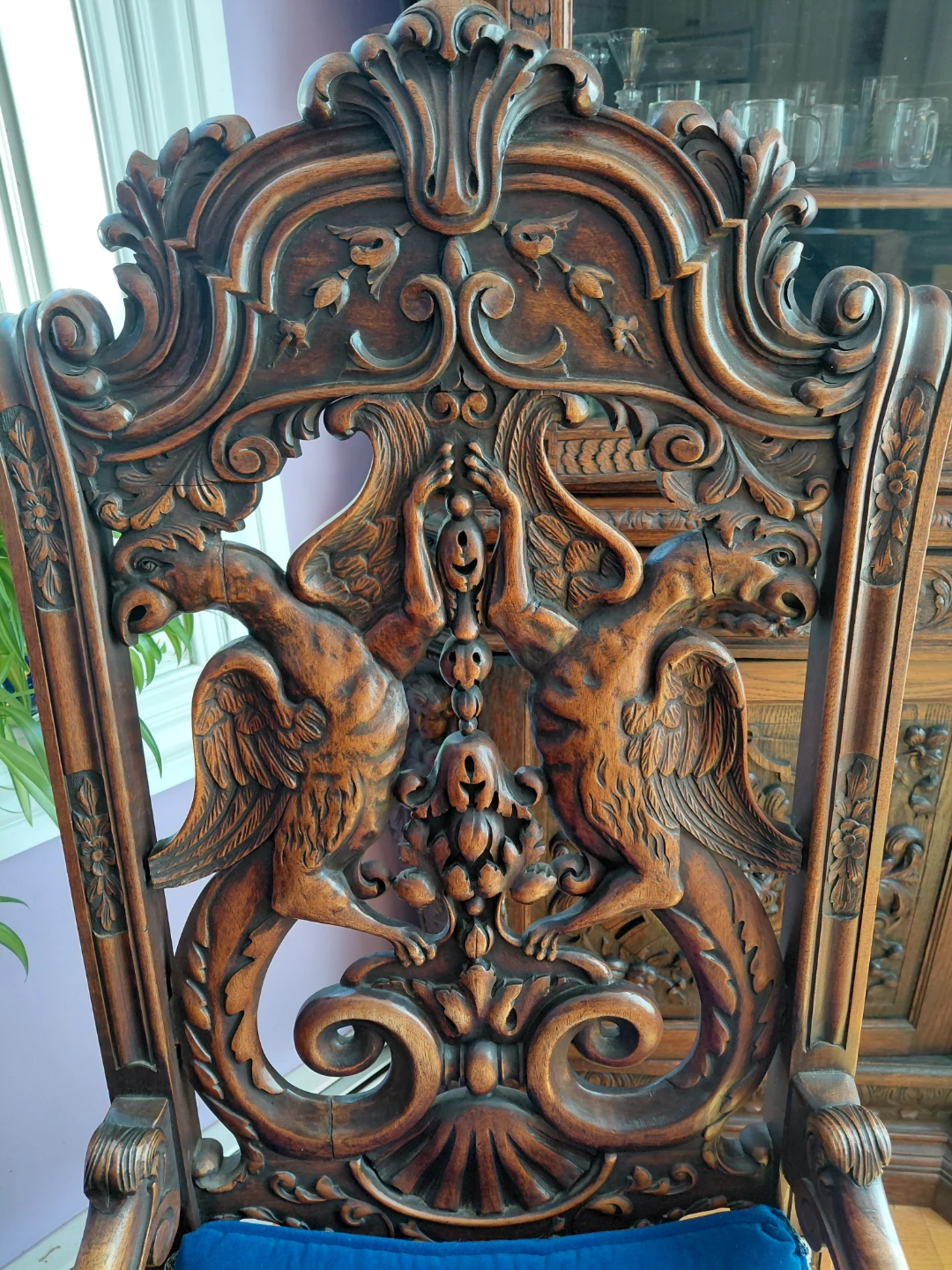Antique Ornate Carved Wood Armchair with Blue Upholstery - photo 2