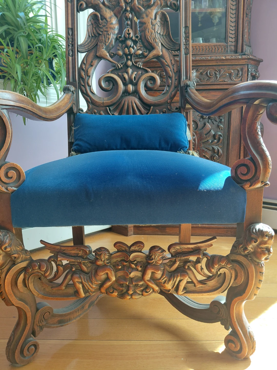 Antique Ornate Carved Wood Armchair with Blue Upholstery - photo 3