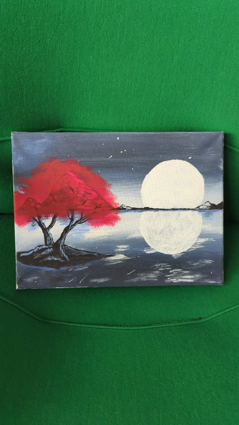 Acrylic Painting of Red Tree and Moon