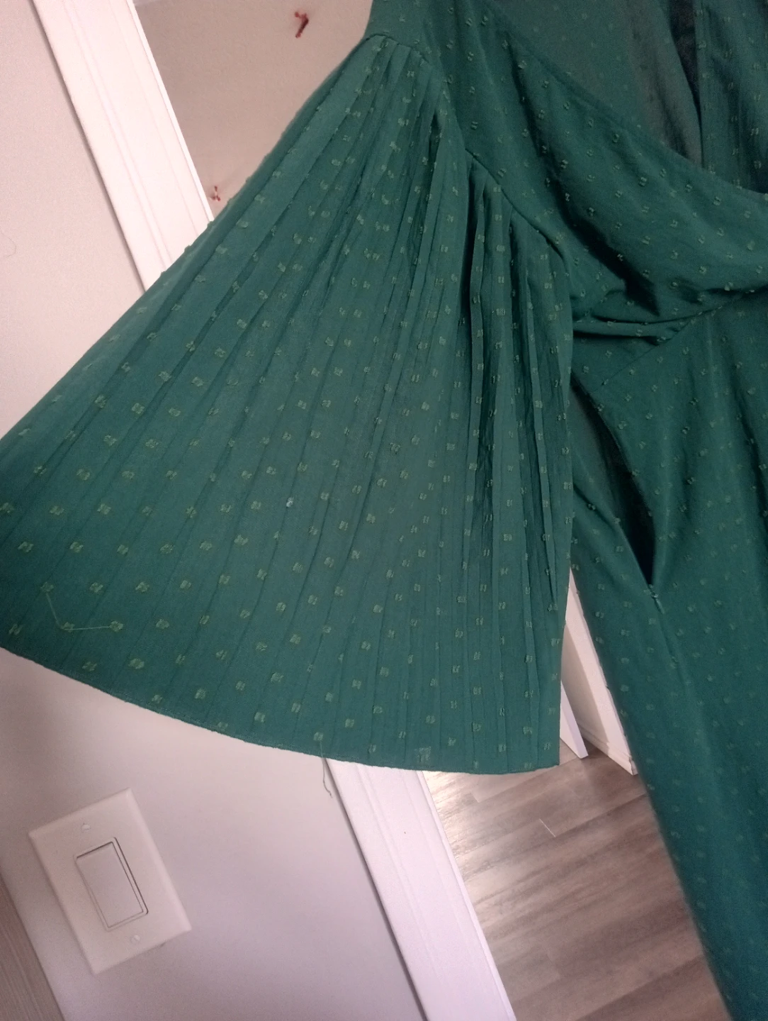 Green Textured Midi Dress with Flared Sleeves