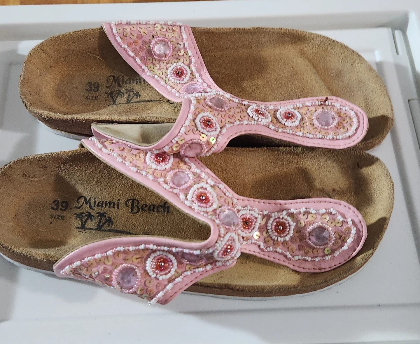 Pink Beaded Flip Flop Sandals - Size 39