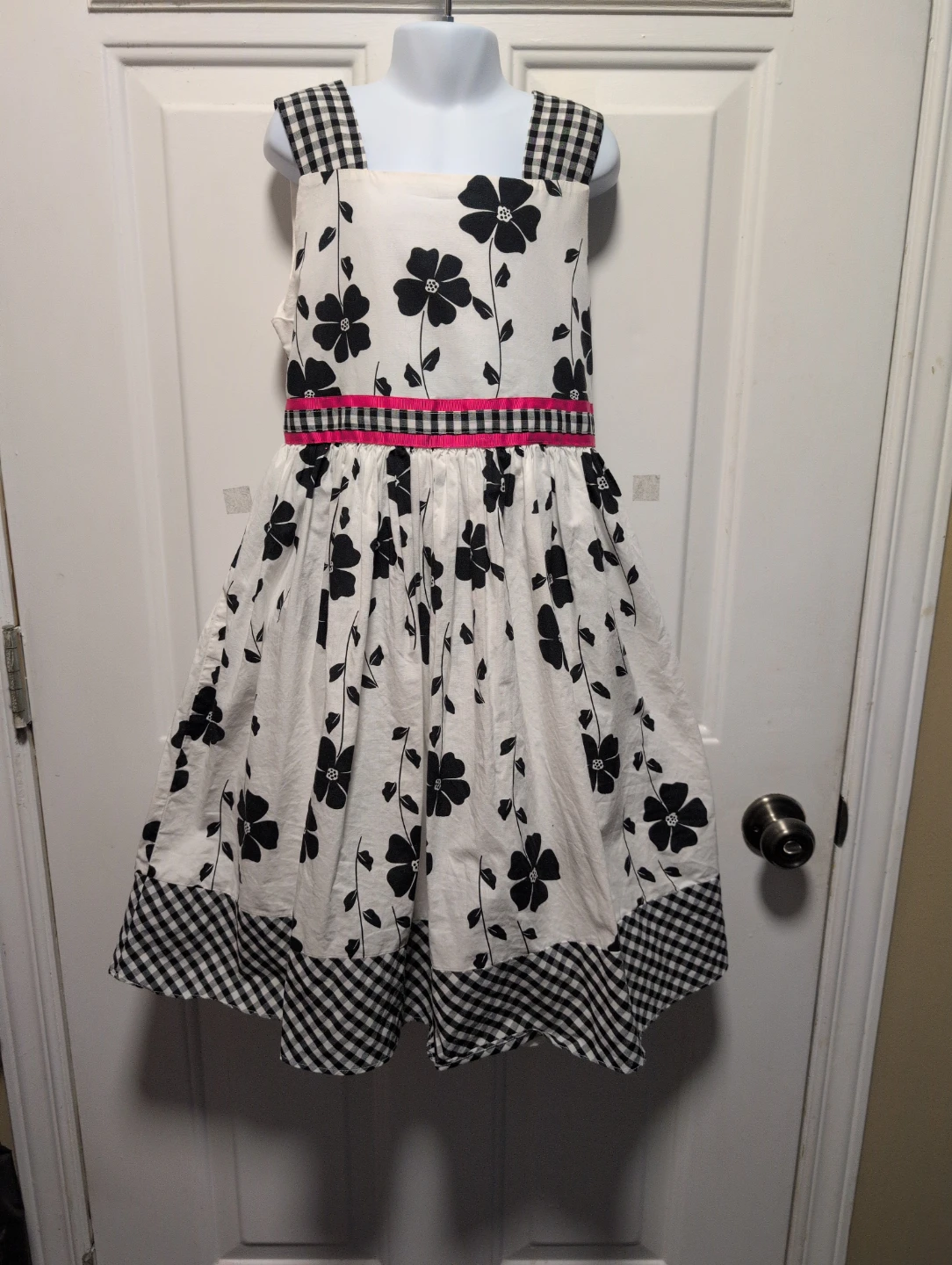 Girls Black and White Floral Dress with Pink Trim