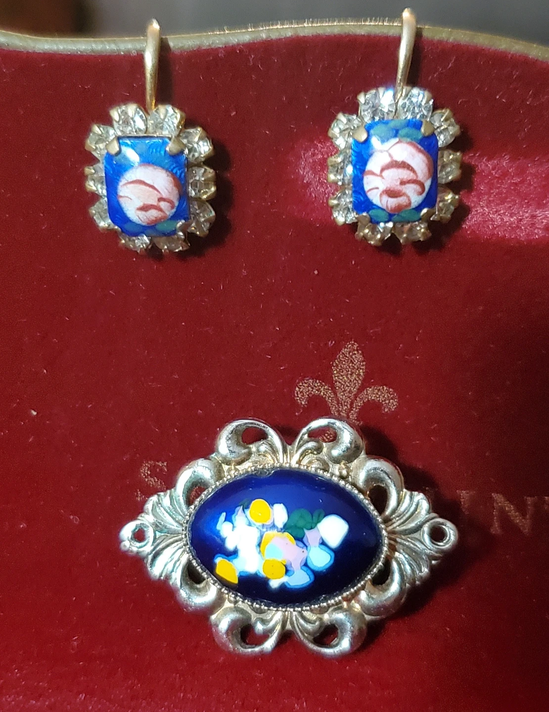 1940's Hand Painted Brooch & Screw back Earring Set