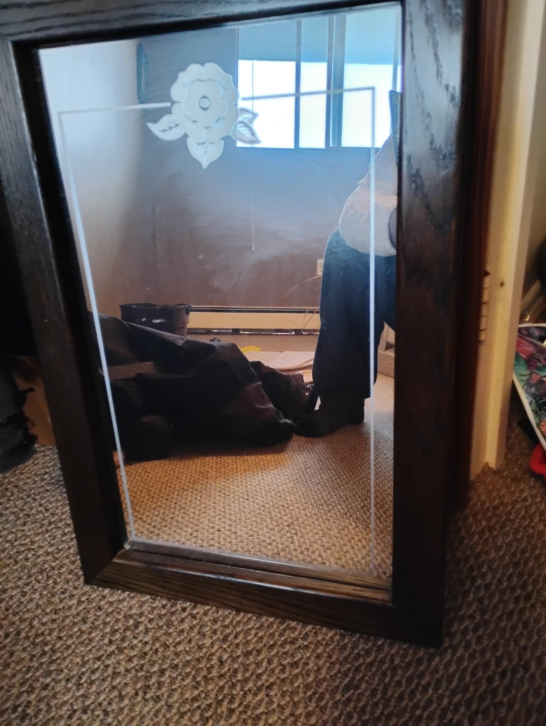 Dark Wood Framed Mirror with Etched Floral Design