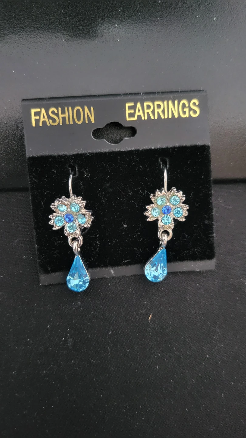 Fashion Earrings Blue Crystal Teardrop Flower