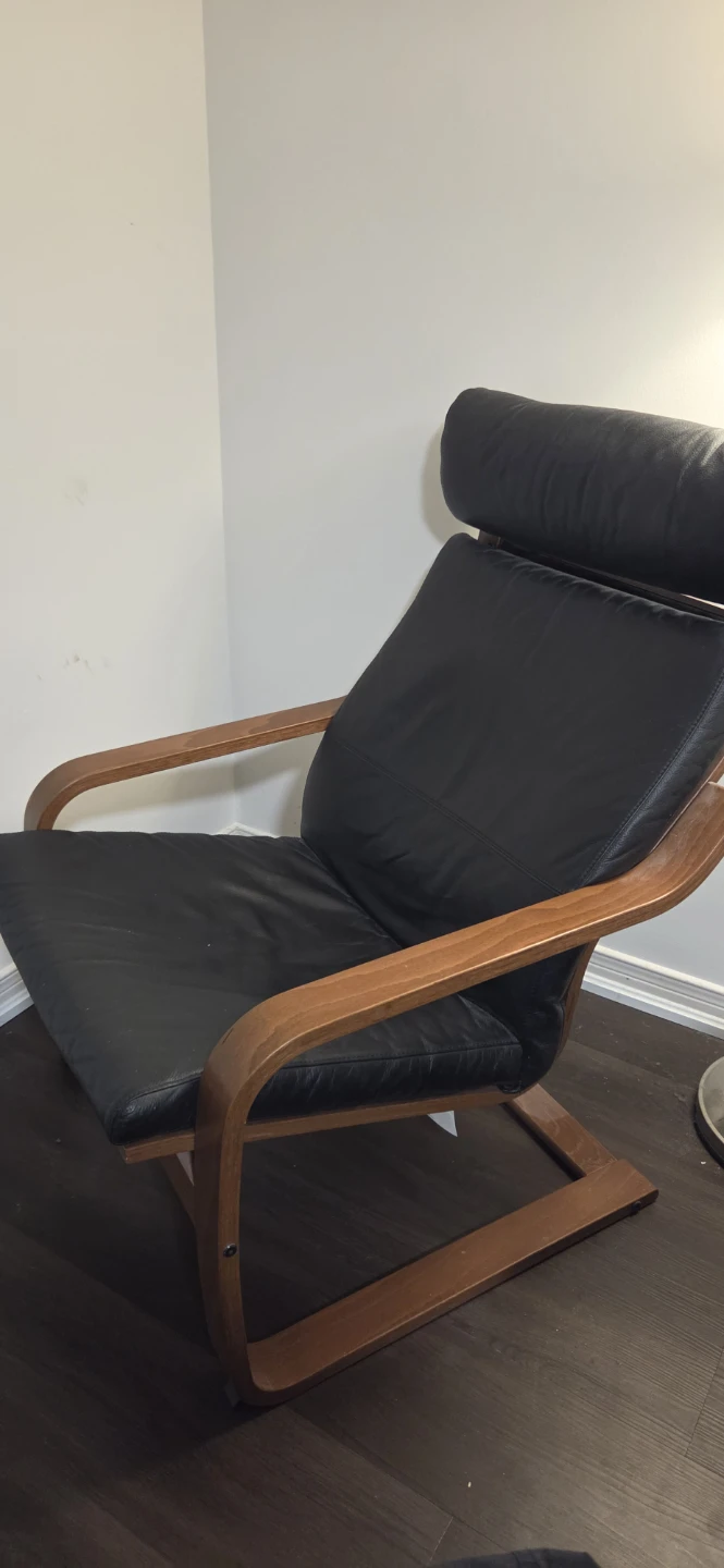 Black Leather Lounge Chair with Wood Frame