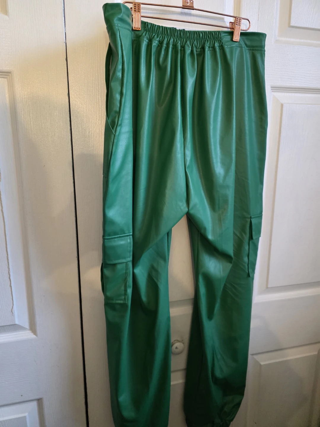 Green Faux Leather Cargo Pants
