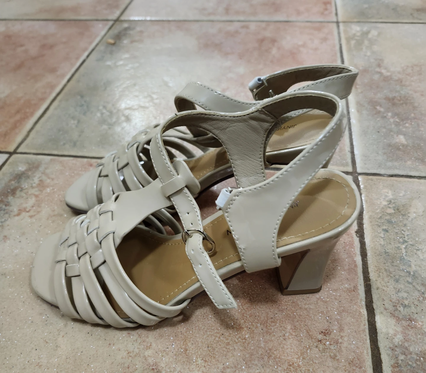 Beige Woven Block Heel Sandals