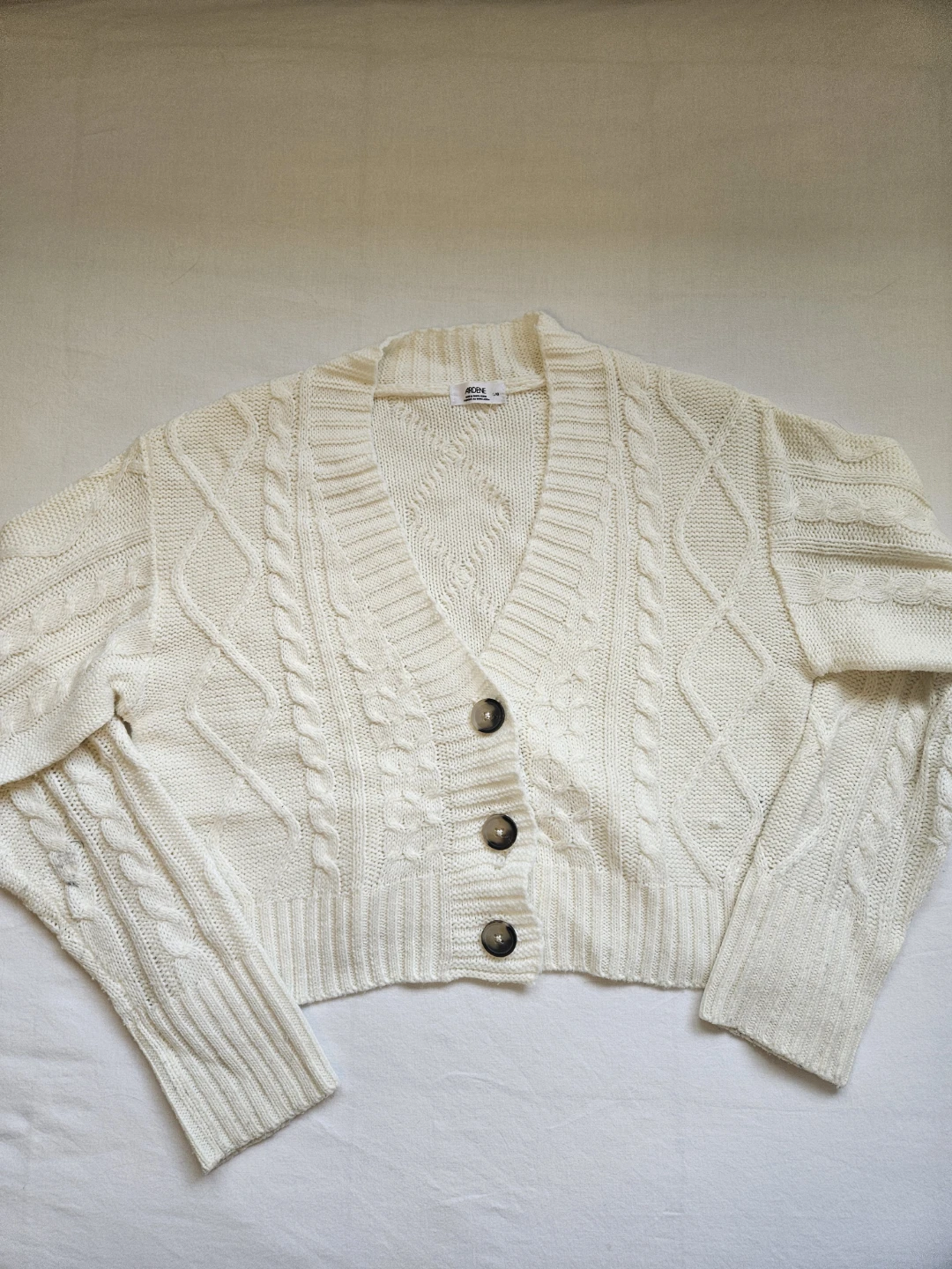 ARDENE Cream Cable Knit Cropped Cardigan L/G