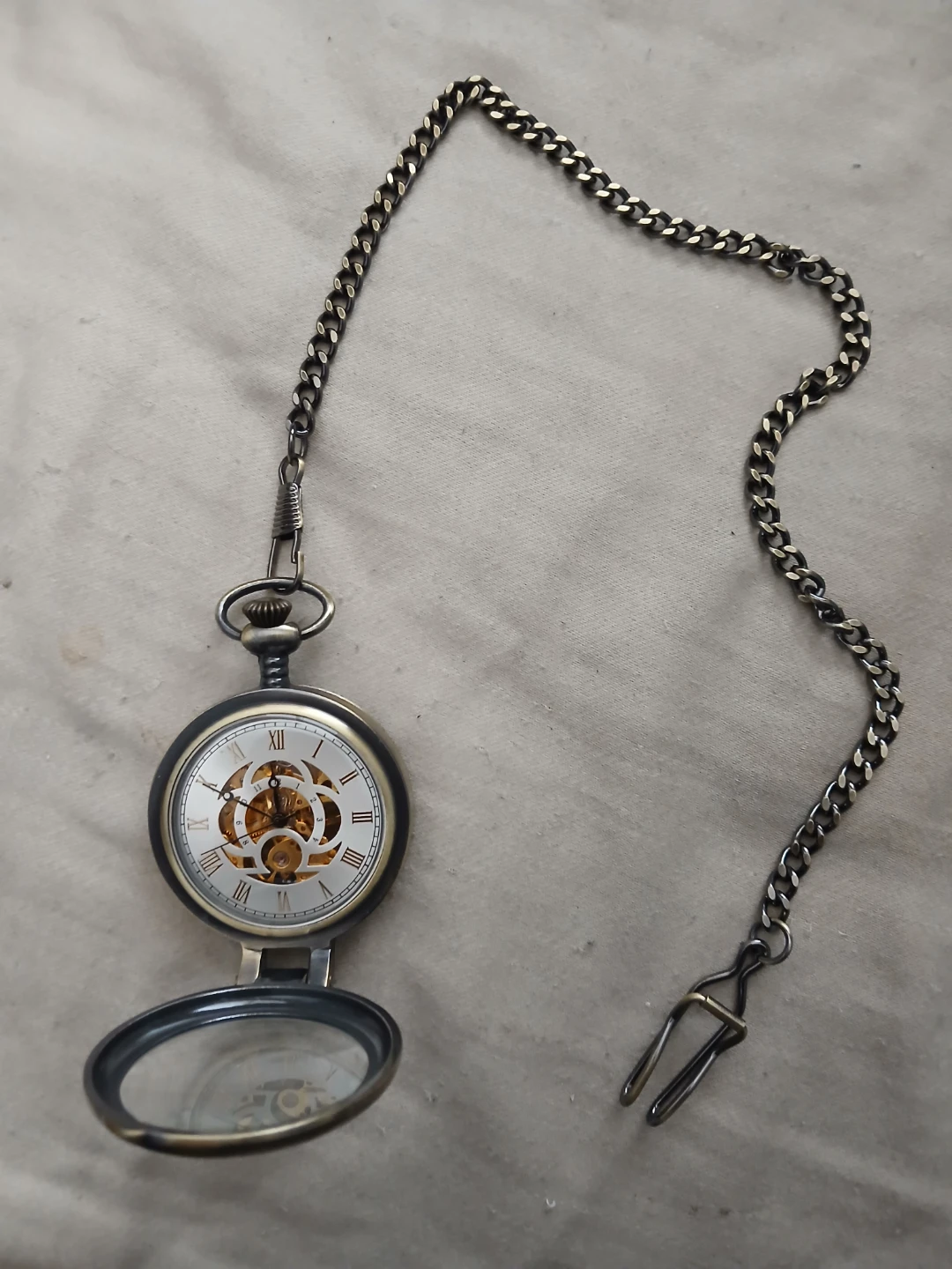 Vintage Mechanical Skeleton Pocket Watch With Magnifying Glass