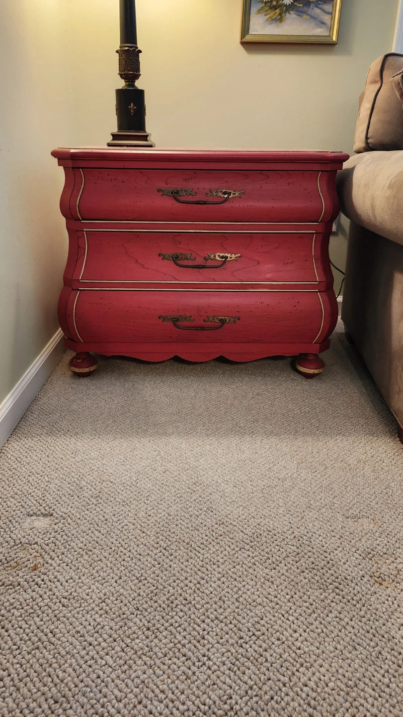 Red Faux Wood Grain Nightstand with Gold Trim