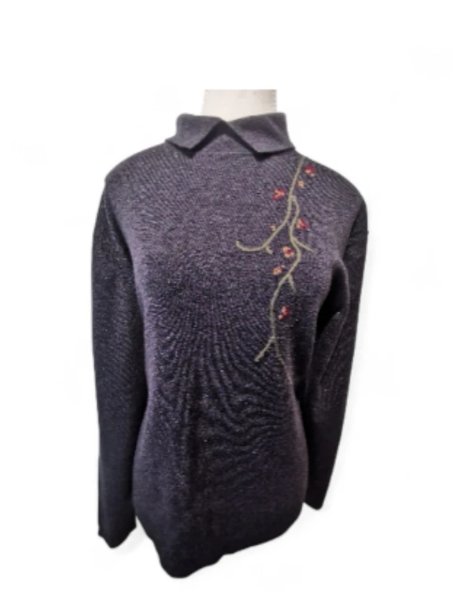 Dark Grey Wool Sweater with Floral Embroidery