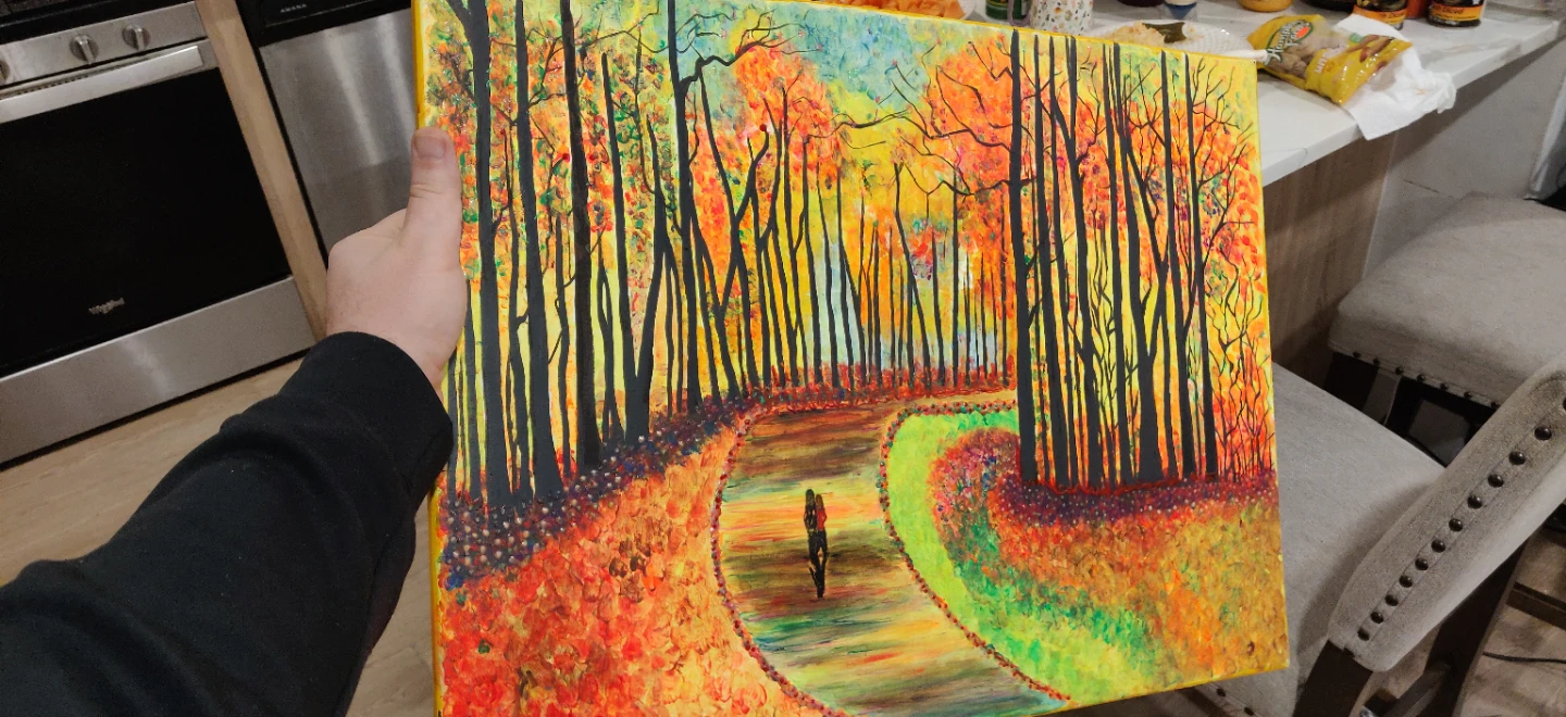 Acrylic Painting of Autumn Forest Path
