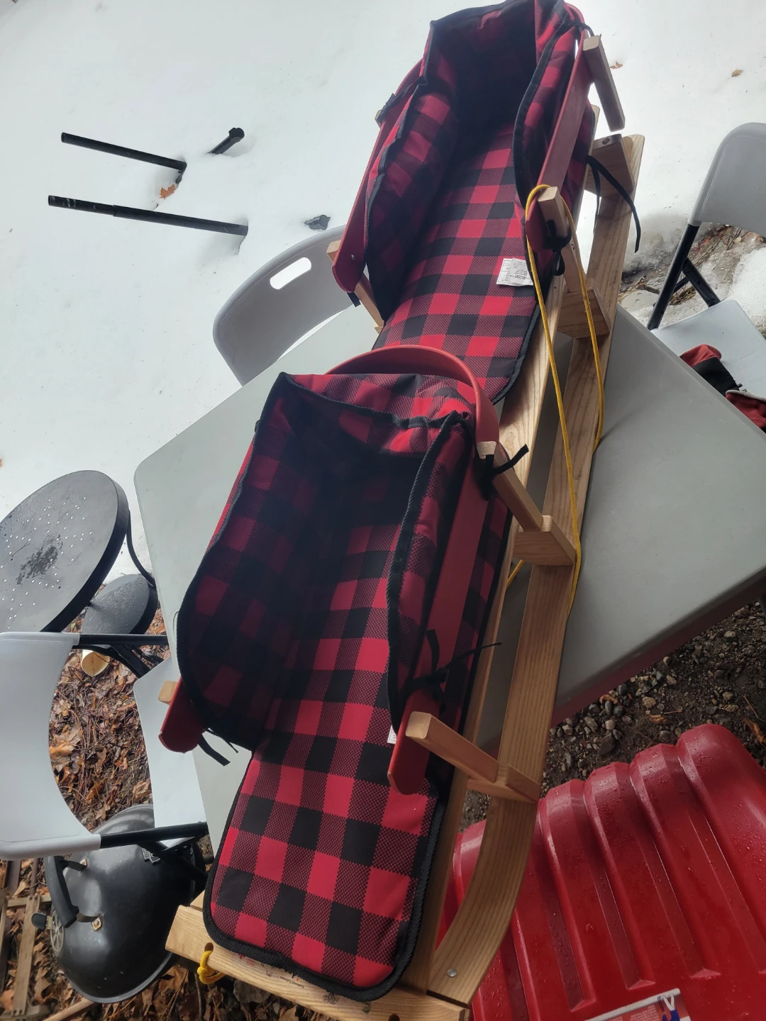 Wooden Toboggan Sled with Buffalo Plaid Seats - photo 2
