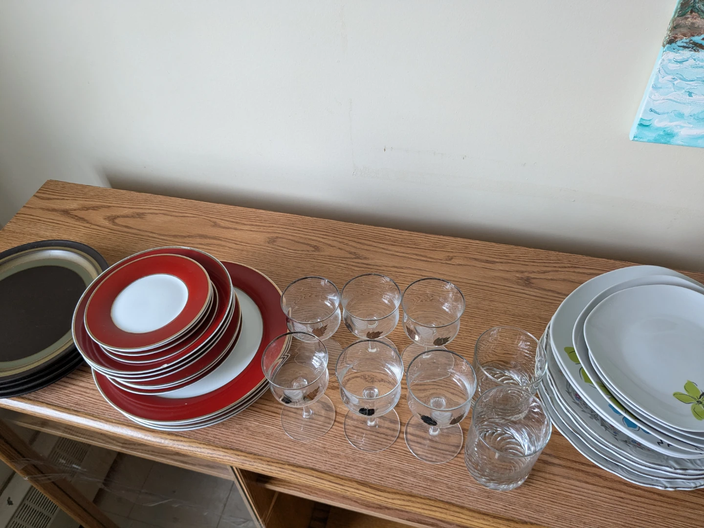 Red and White Dinnerware Set with Glasses