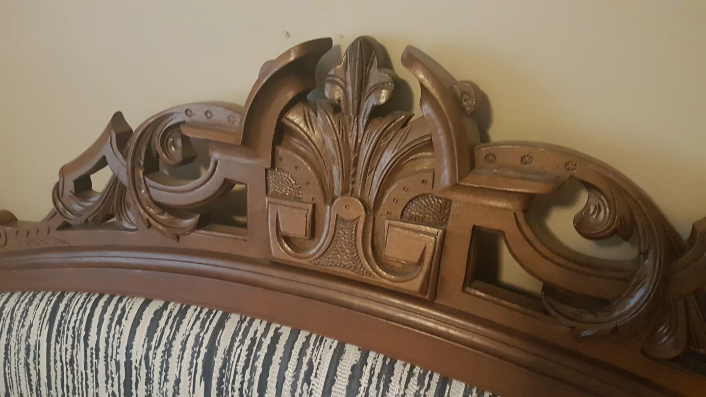 Vintage Carved Wood Sofa with Striped Upholstery - photo 3