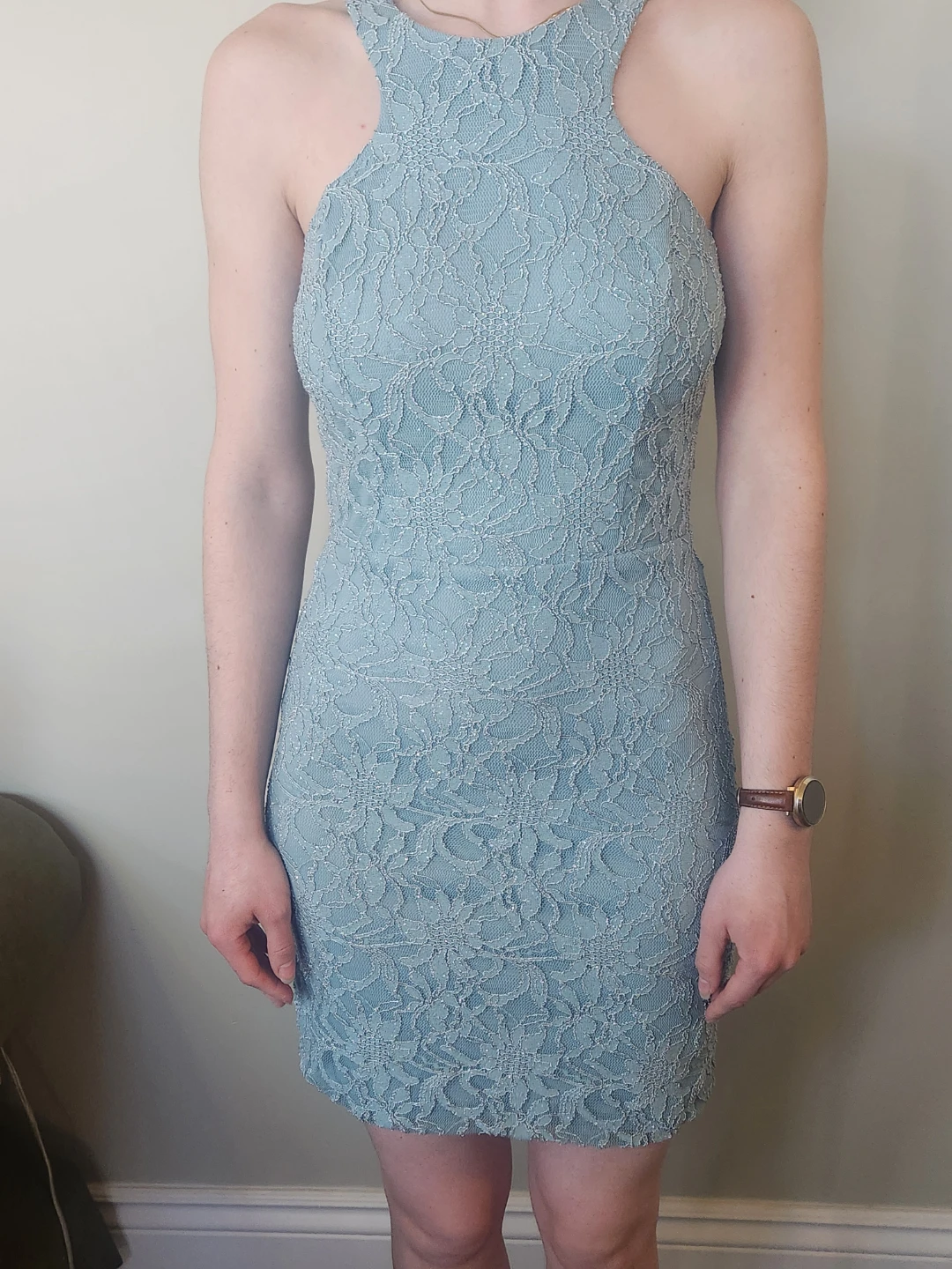 Light Blue Lace Bodycon Dress with Cutout Back