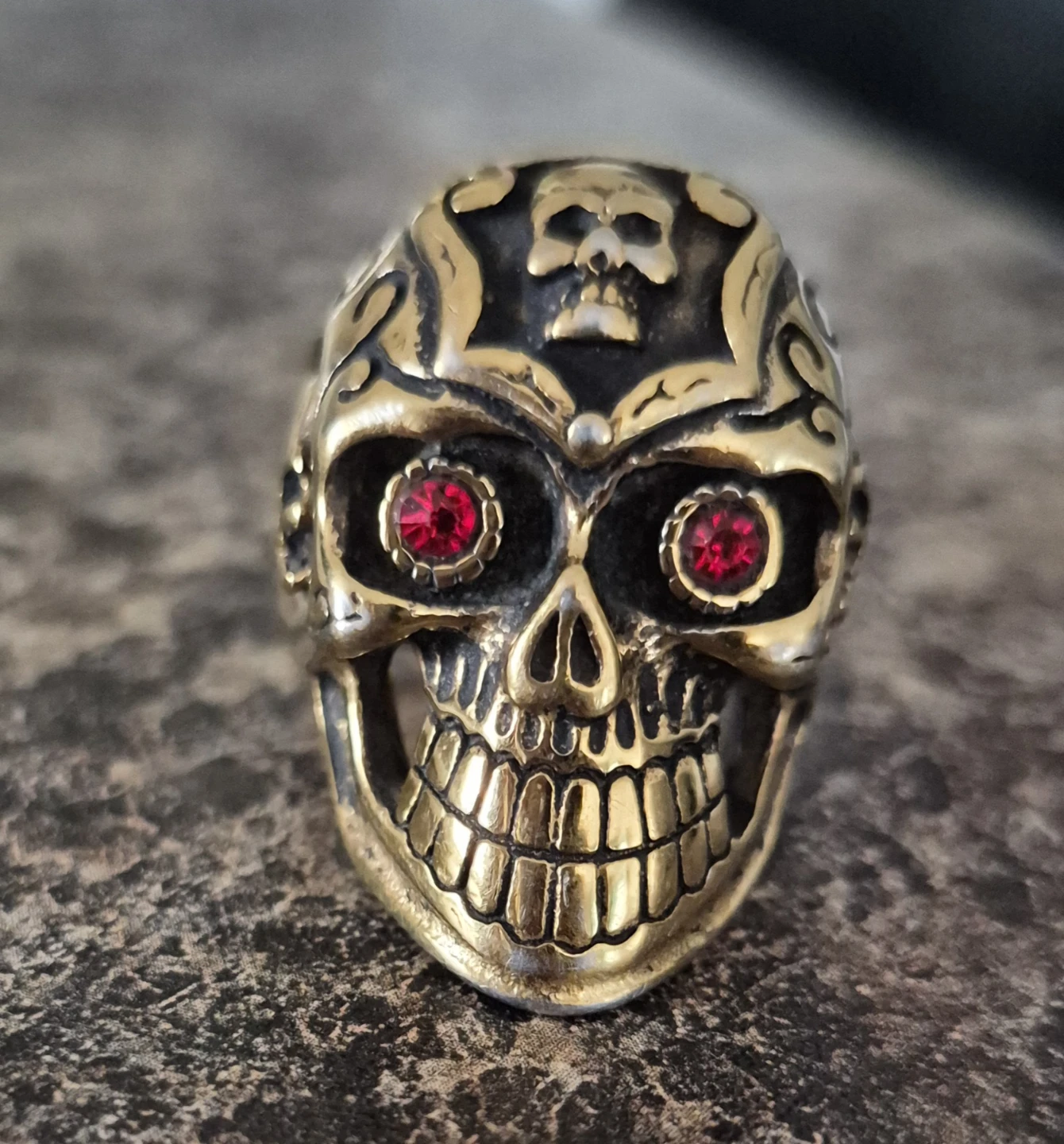 Skull Ring with Red Gemstone Eyes