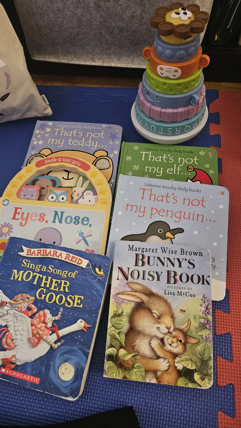 Baby books and stacking tower