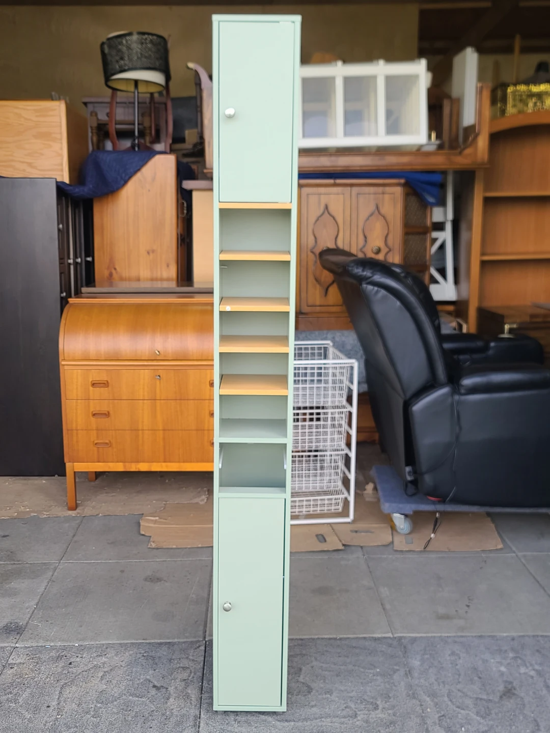 Tall Mint Green Storage Cabinet w/ Shelves