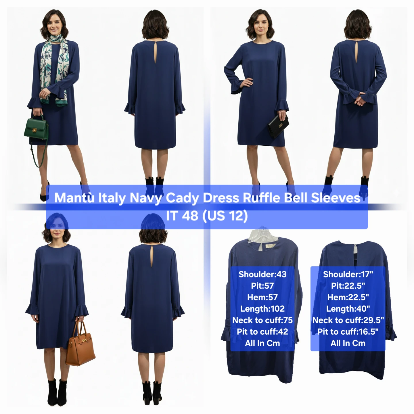 Mantù Italy Navy Cady Dress Ruffle Bell Sleeves IT 48 (US 12)