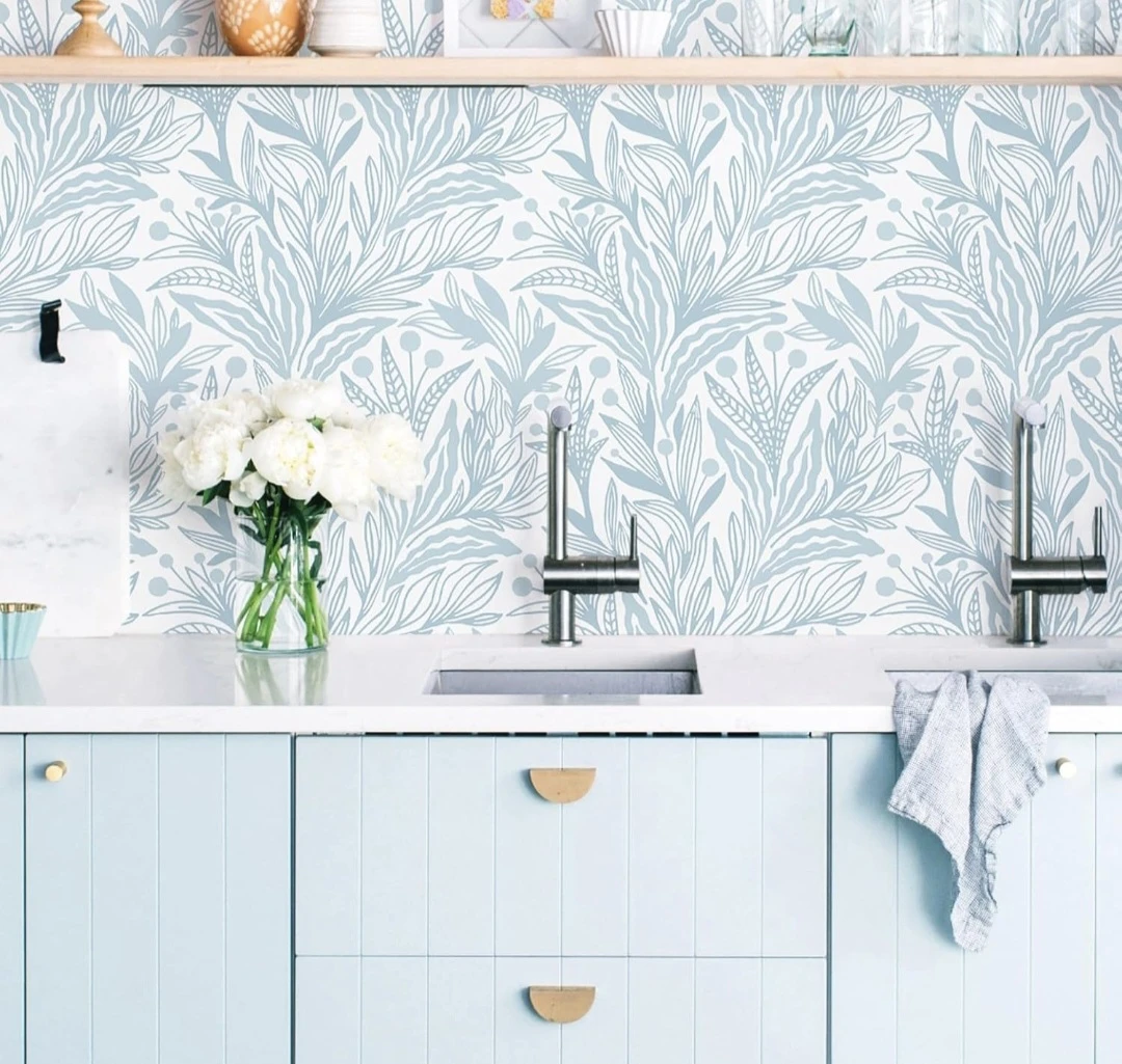 Blue White Peel & Stick Modern Floral Leaf Wallpaper 17.3"x78.7" - photo 5