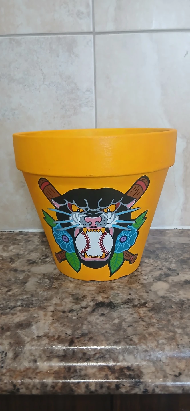 Hand painted terracotta planter. Baseball Panther edition!