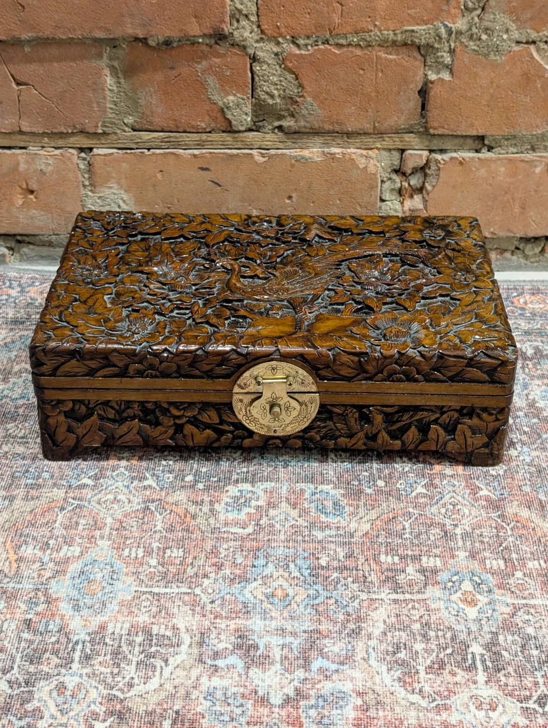 Vintage 1960's Chinese camphor hand carved jewelry trinket box
