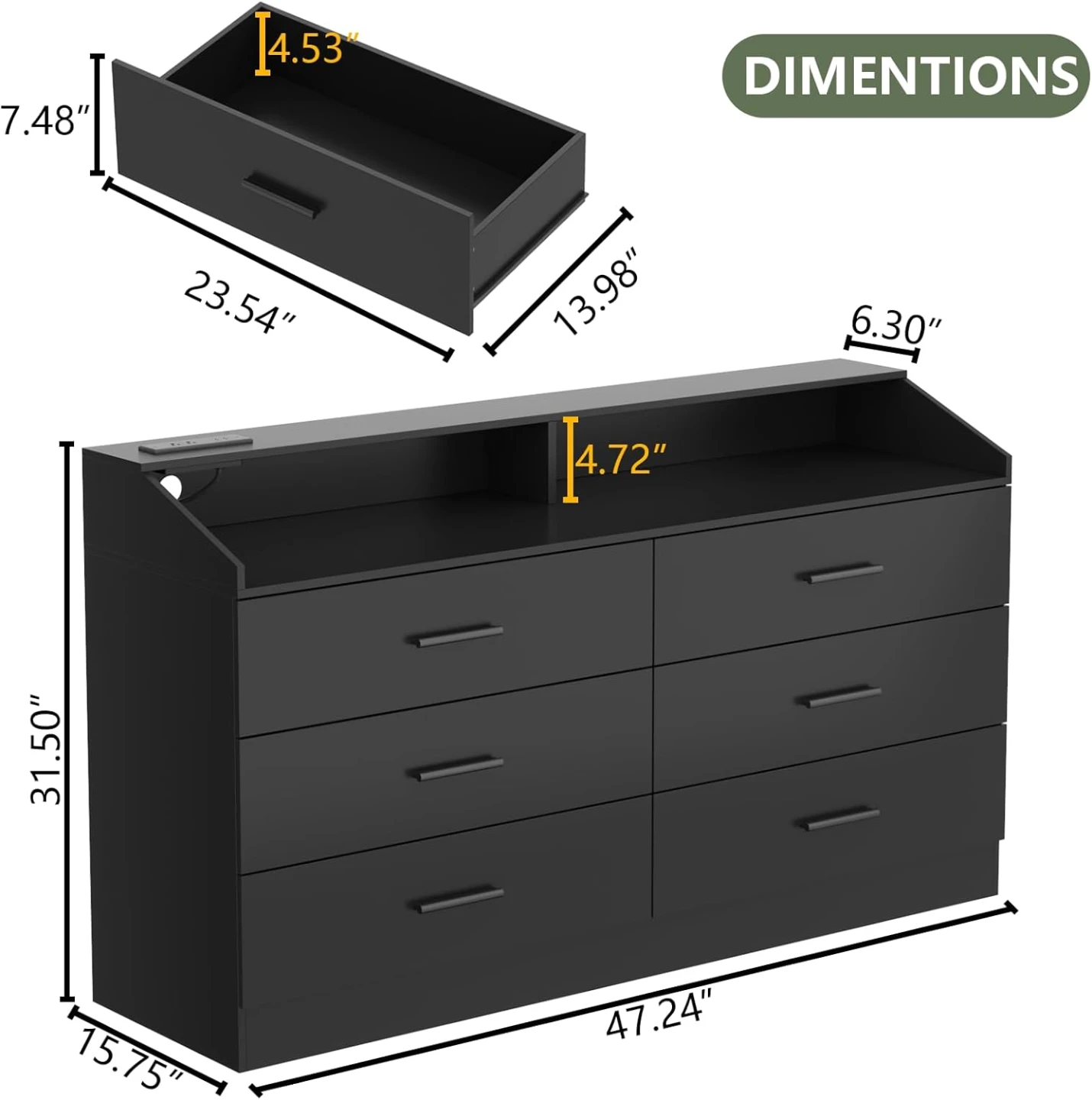 Black 6-Drawer Dresser with Built-in Charging Station - photo 2