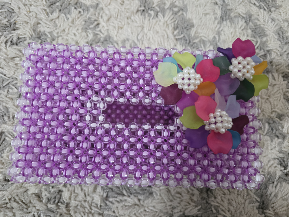 Purple Beaded Tissue Box Cover with Flower Embellishment - photo 2