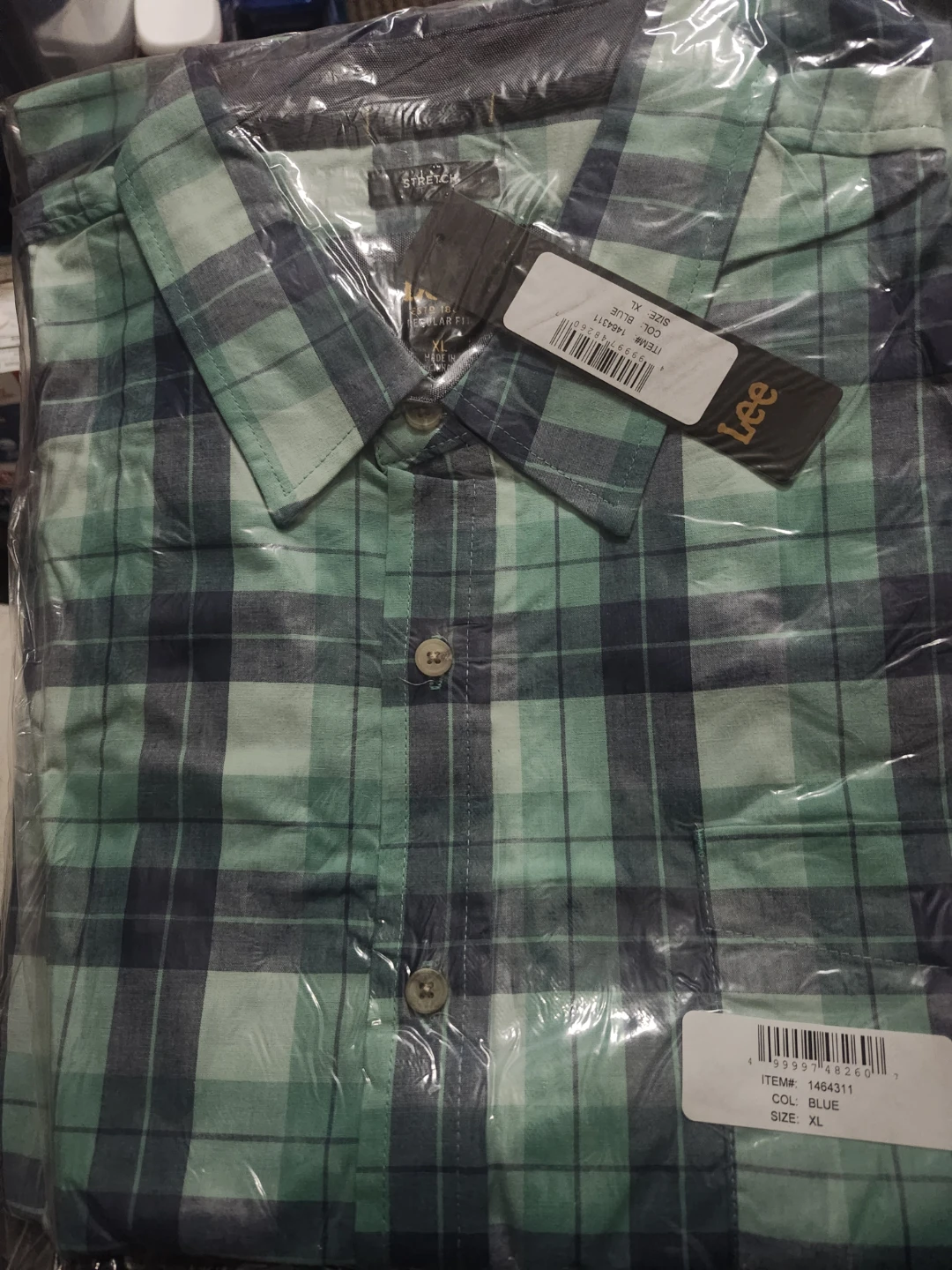 Lee Men's Plaid Stretch Button-Up Shirt - Blue - XL