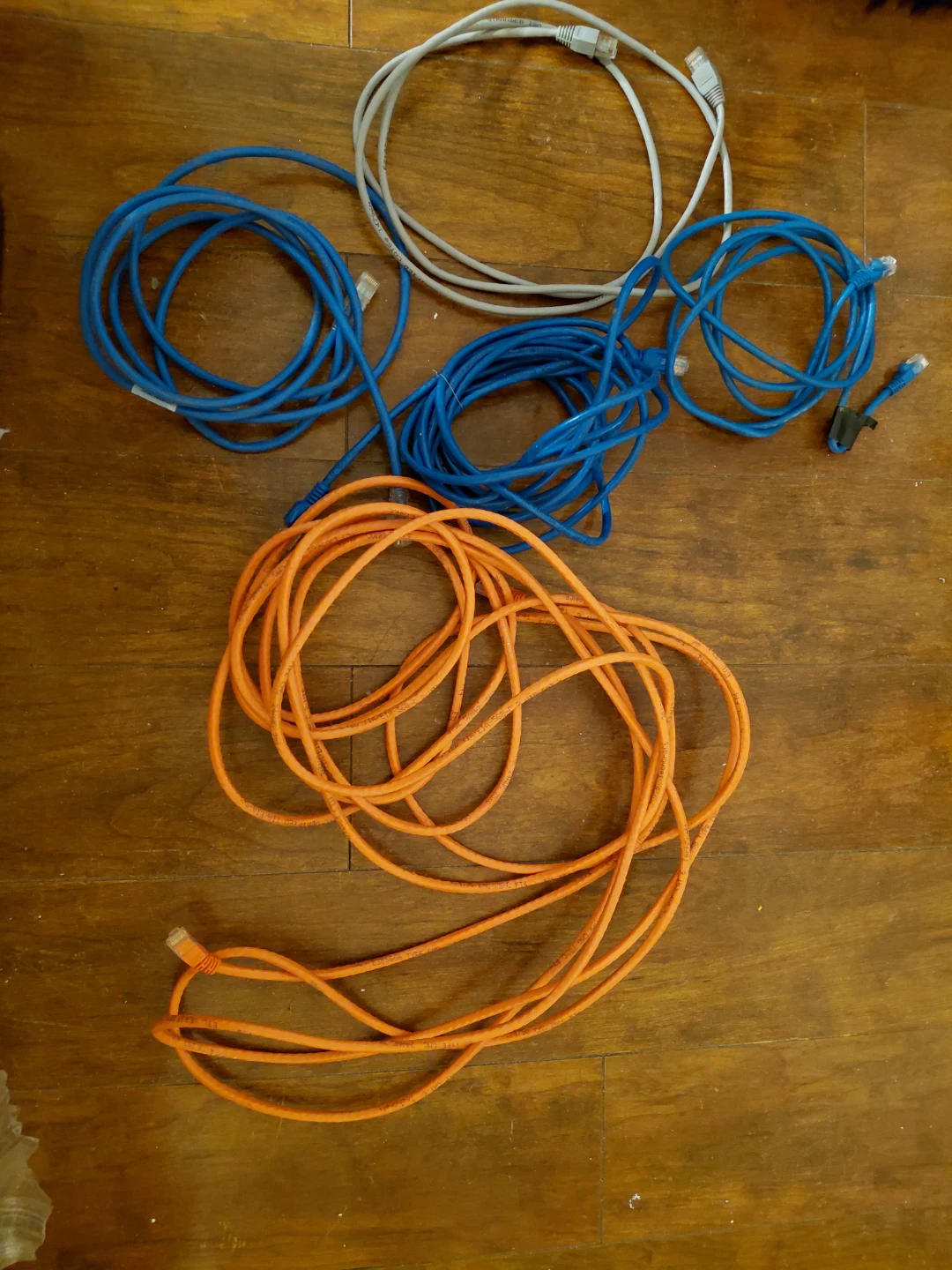 Assorted Ethernet Cables (3 Blue, 1 Orange, 1 Grey)
