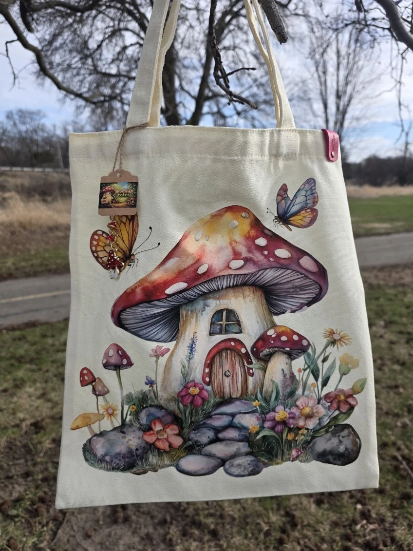 Mooshie Totes Canvas Tote Bag with Mushroom & Butterfly Design