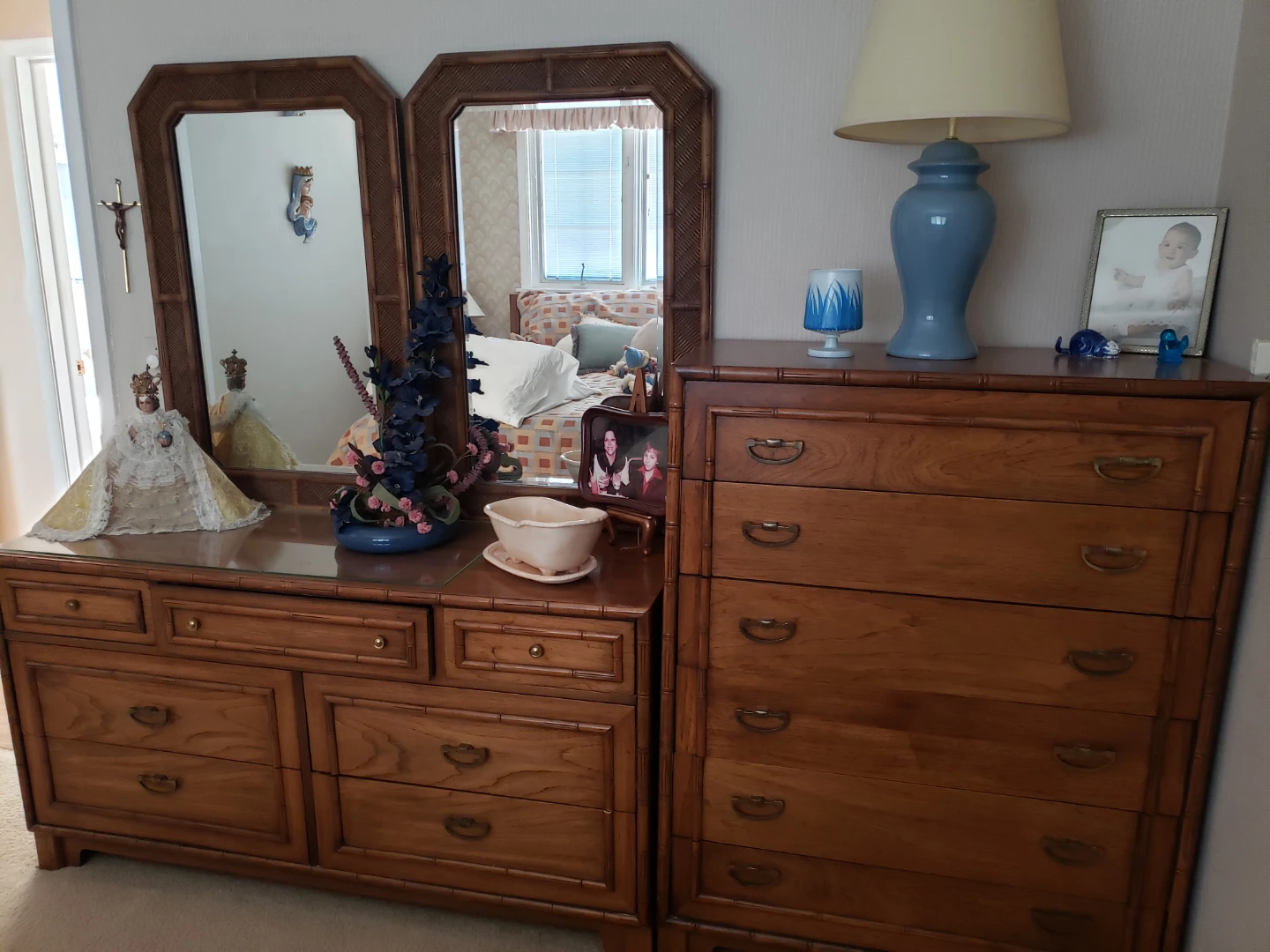 Brown Bamboo Style Dresser and Matching Chest of Drawers Set