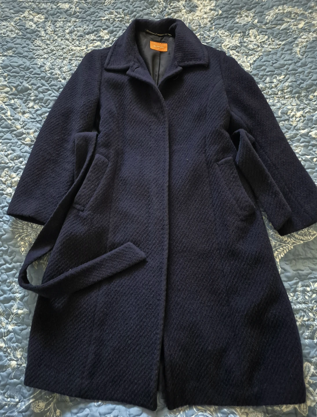 Navy Blue Wool Blend Coat with Belt - photo 3