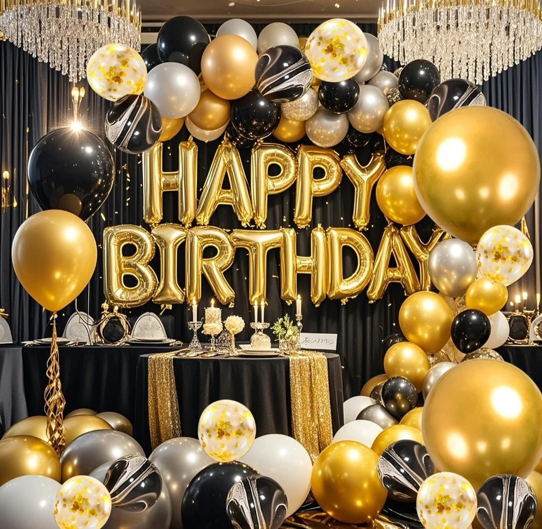 BNIB 118 PCS Black Gold Happy Birthday Party Balloon Set - photo 3