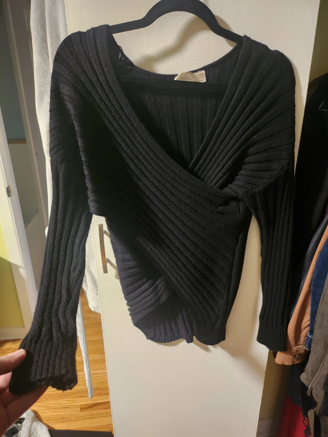 Black Ribbed Wrap Sweater
