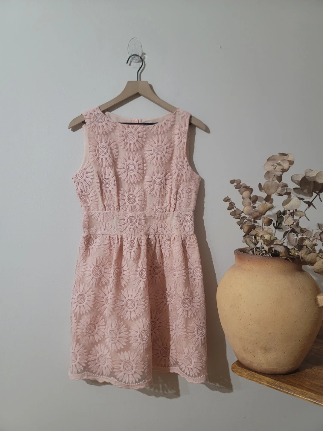 Pink Daisy Lace Dress Coquette Cottage Sz M Spring Easter