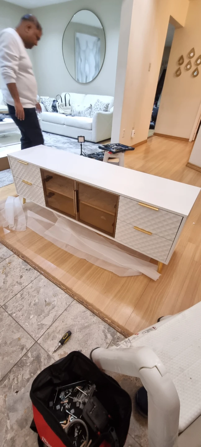 White TV Stand with Gold Accents
