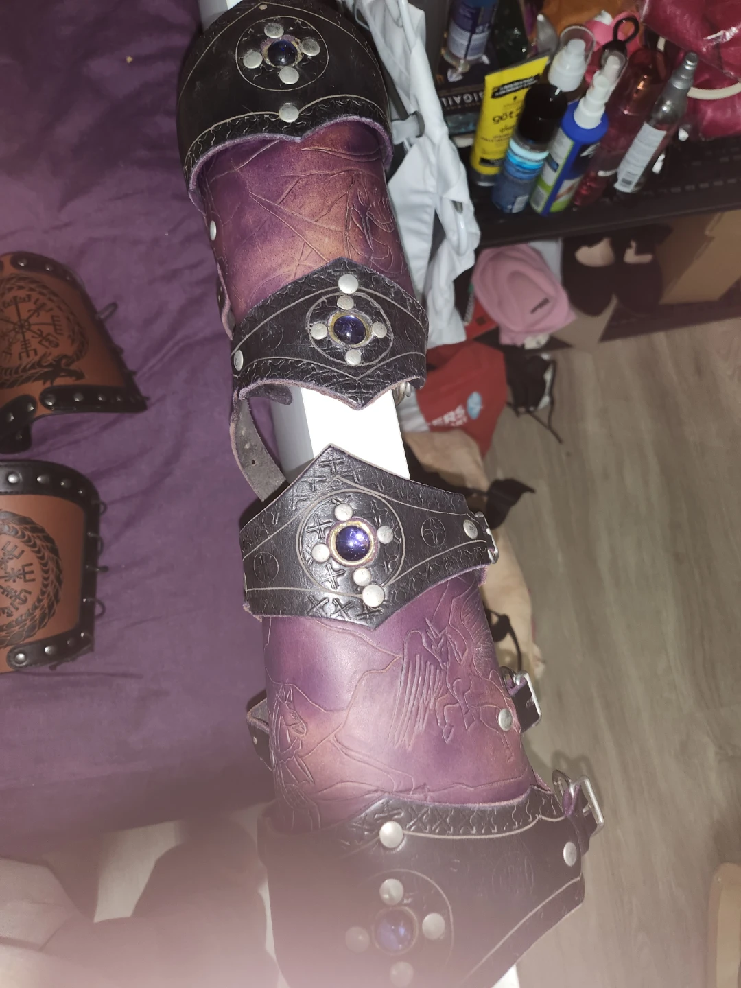 Purple Leather Arm Bracers with Silver Accents