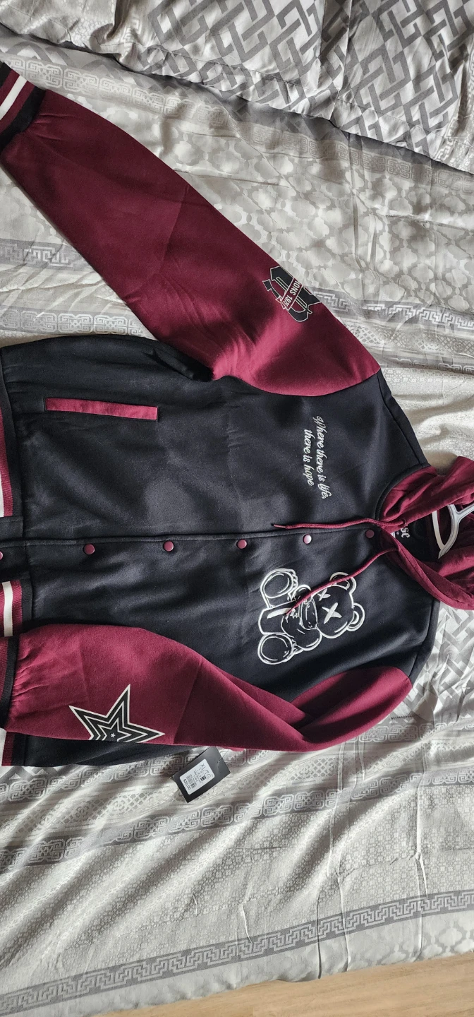 Black and Burgundy Varsity Jacket with Hood