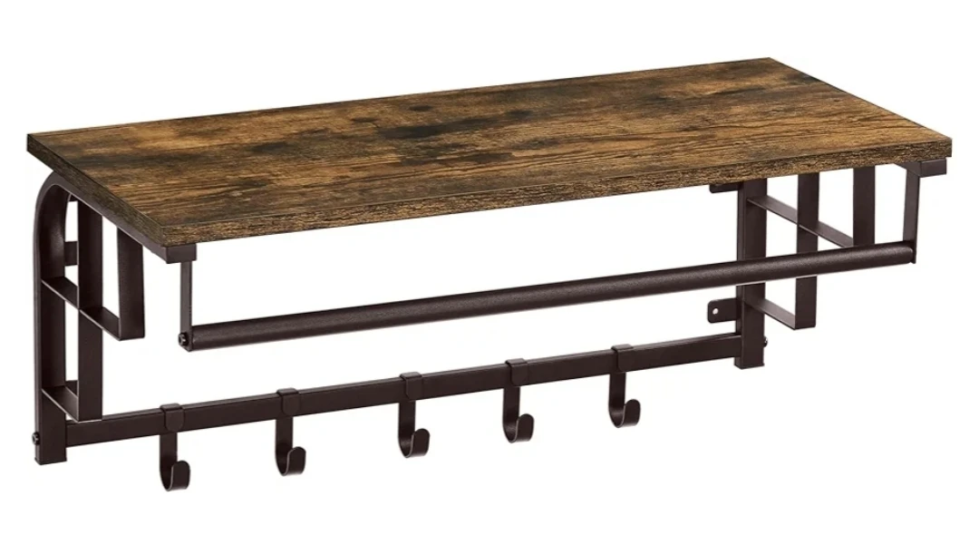 Wall Mounted Shelf with Hooks and Hanging Bar