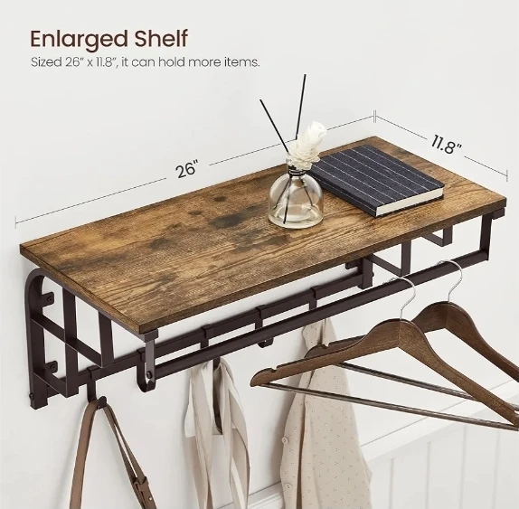 Wall Mounted Shelf with Hooks and Hanging Bar - photo 3